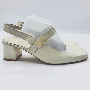 Elastomere Pearly off white square toe sling back mary jane block heel shoe 38.5